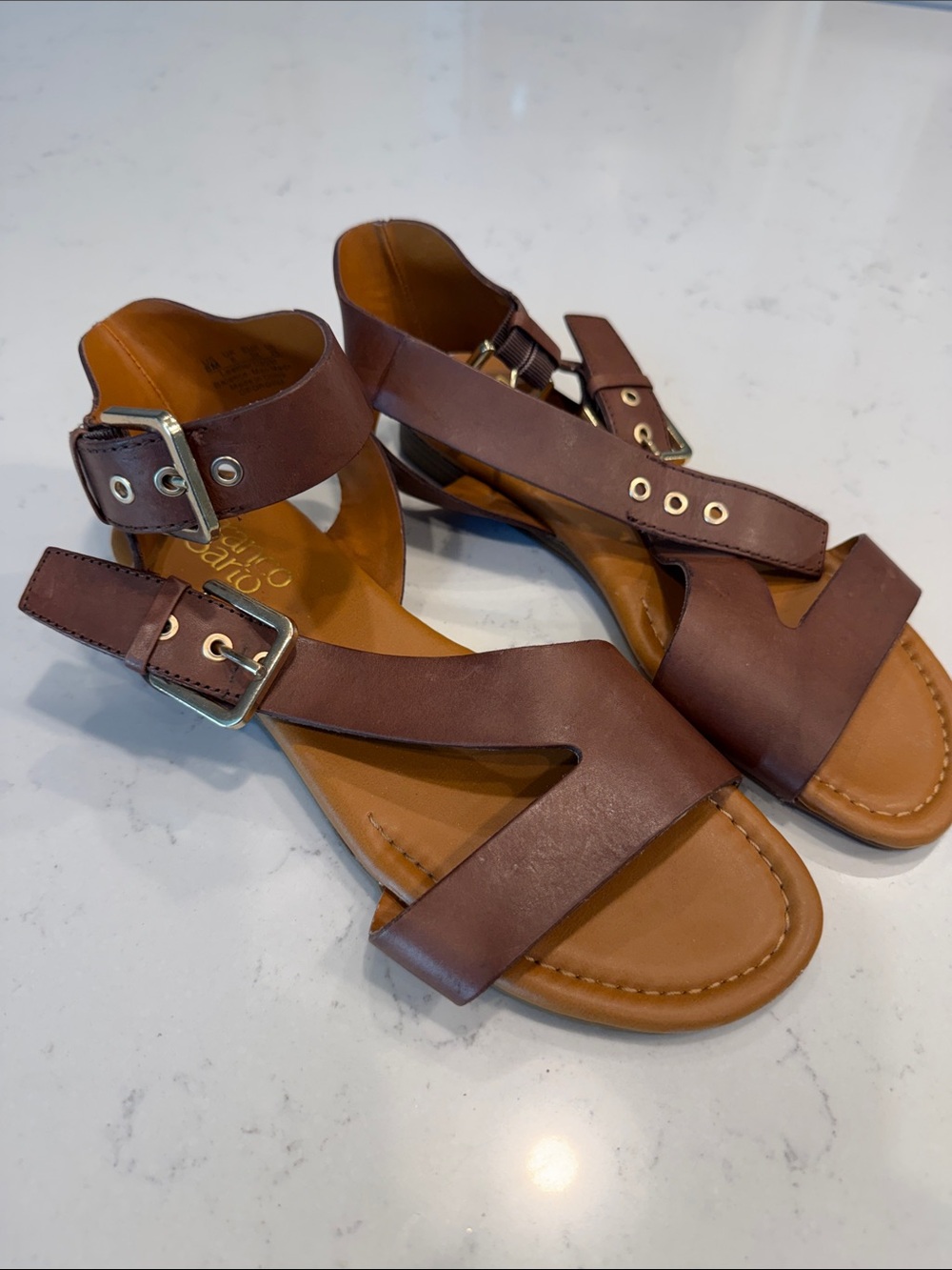Franco Sarto Brown Leather Double-Buckle Strappy Sandals
